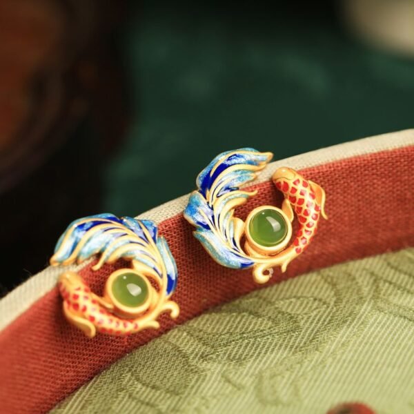 [B37]Natural Jadeite Glaze Koi Earrings - Image 2