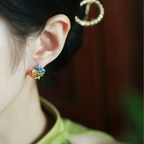 [B37]Natural Jadeite Glaze Koi Earrings - Image 3