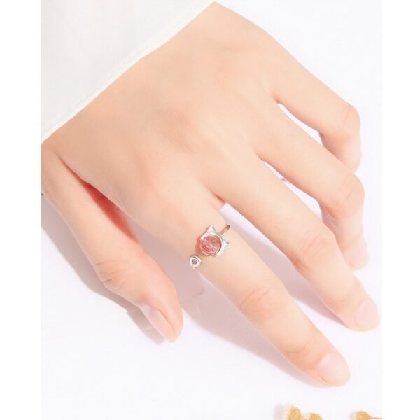 [B19]S925  Strawberry Crystal Cat Ring (Adjustable Size) - Image 2